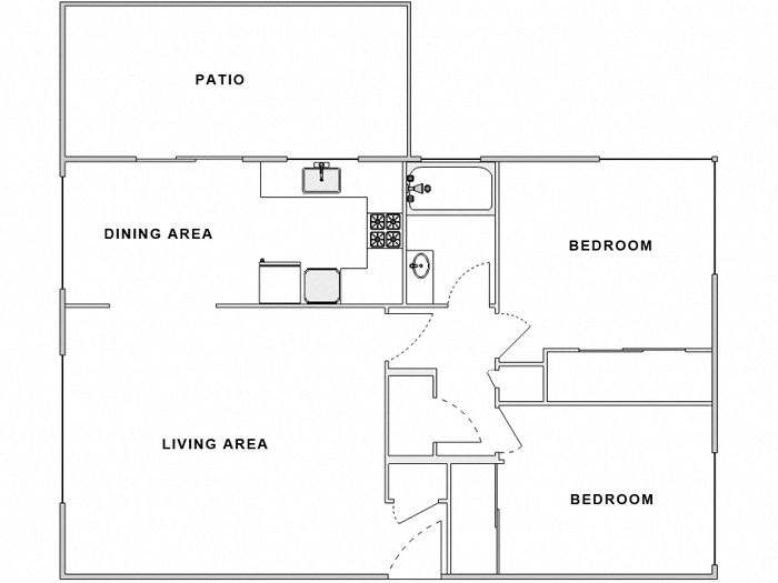 Floor plan for 2 beds, 1 bath, 920 sqft